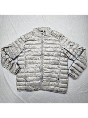 Attention Mens Large Down Jacket Puffer Gray Packable Full-Zip Nylon Shell